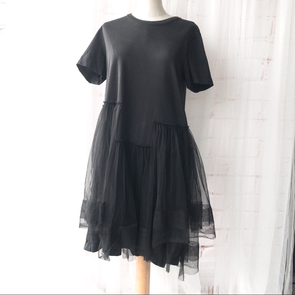 JNBY Women's Black Dress with  Asymmetrical Tulle Design - Size Medium